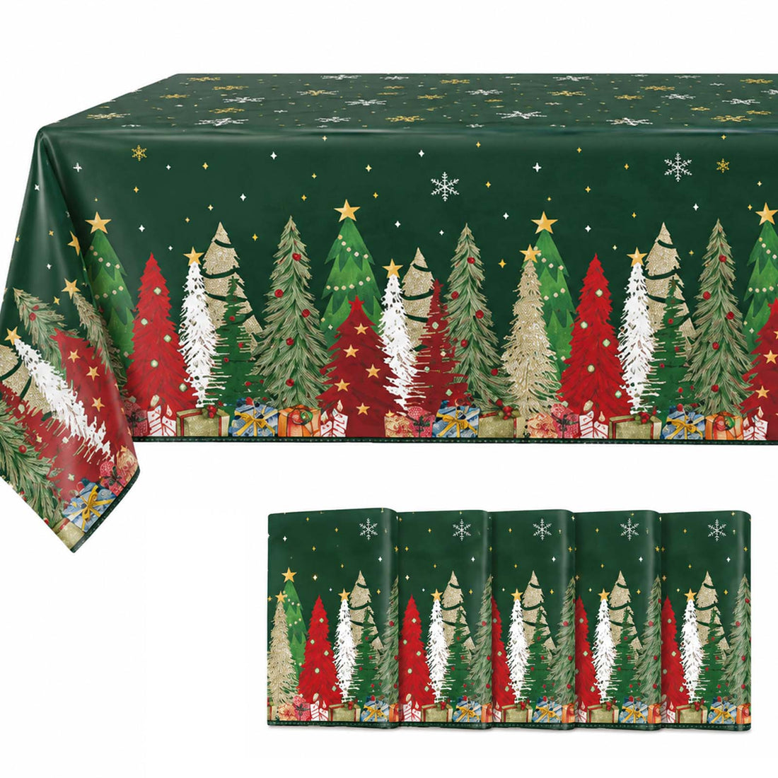 Christmas tree pattern tablecloth with gifts on dark green background