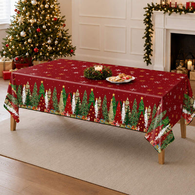 Christmas tablecloth with festive tree pattern in a holiday dining room