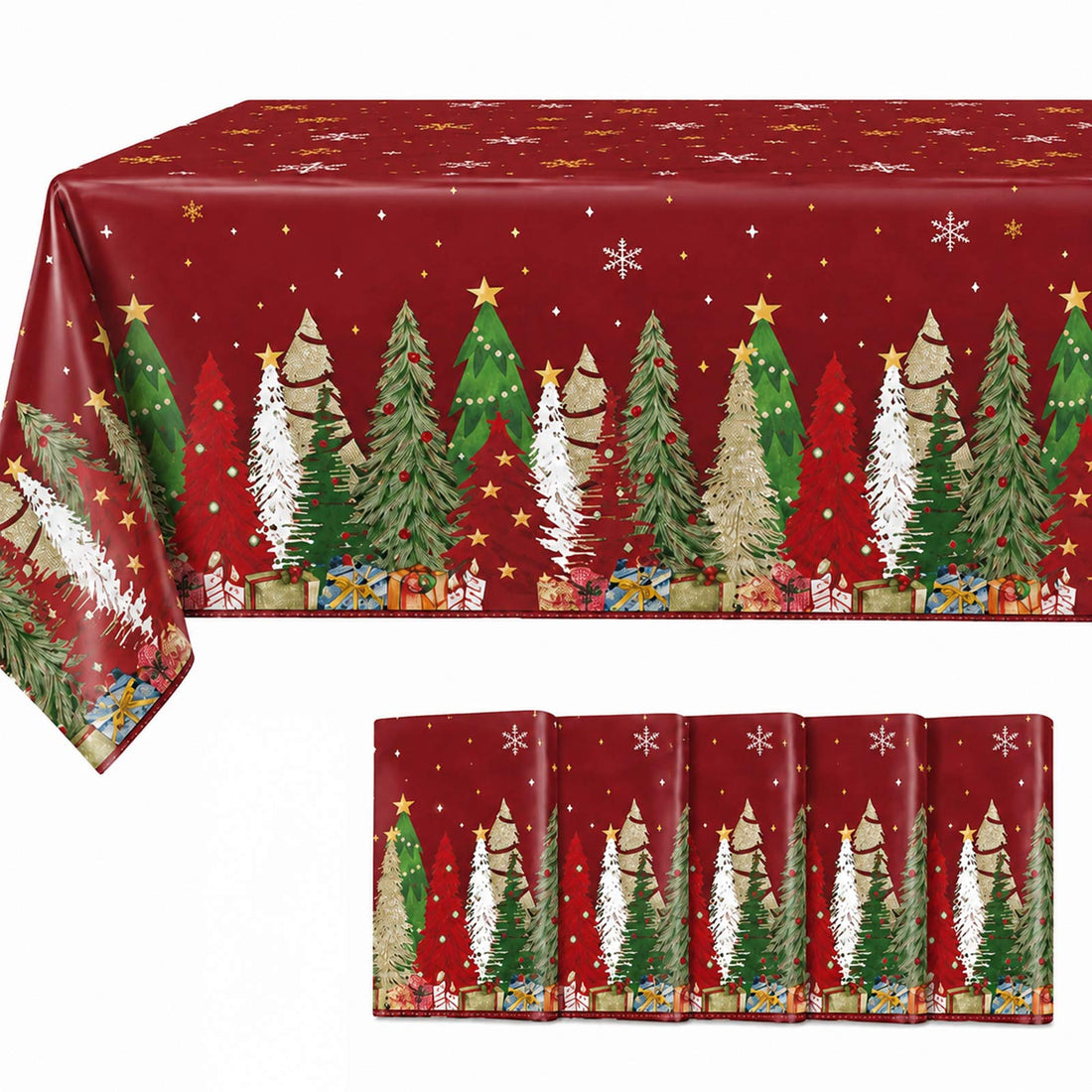 Christmas tablecloth with red holiday tree and gift pattern, festive dining decor