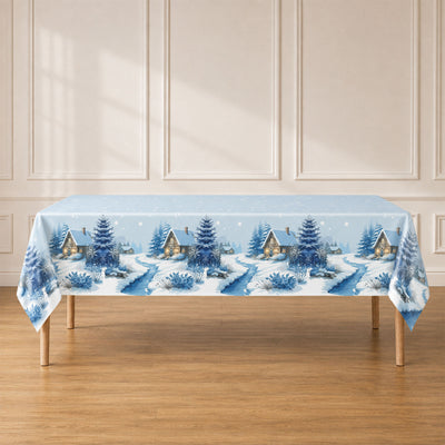 Winter cabin print tablecloth on dining table in a bright room
