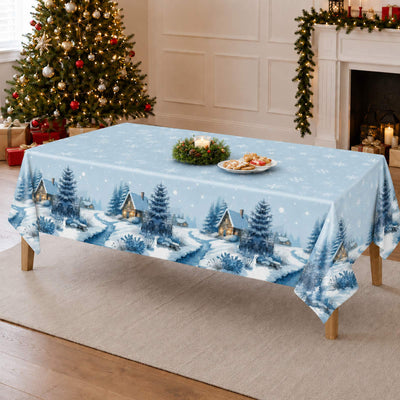 Christmas tablecloth with snowy cabin print in festive holiday dining room
