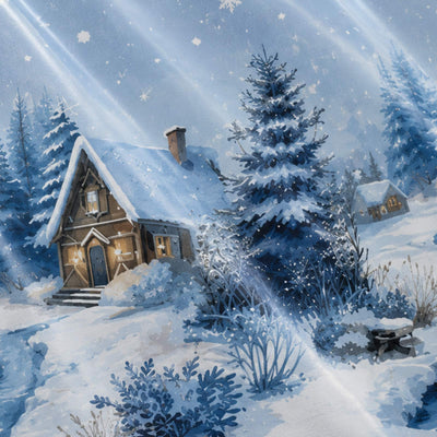 Snowy cabin in winter forest with pine trees and falling snow#whtbkgd
