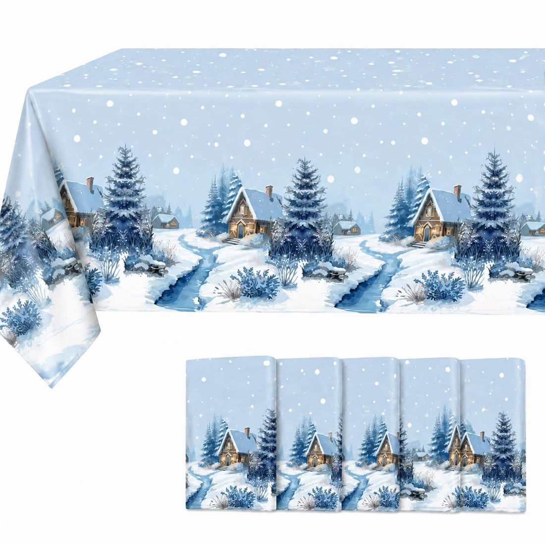 Winter snow village tablecloth with snowy cottage and pine tree print