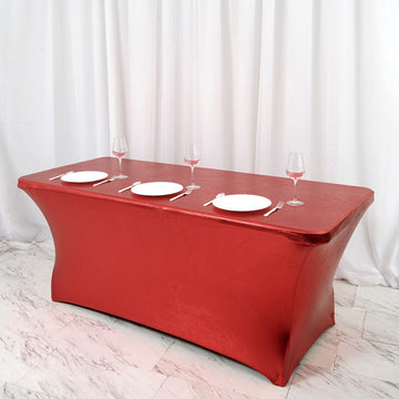 Elevate Your Event Decor with the Metallic Burgundy Rectangular Stretch Spandex Table Cover 6ft