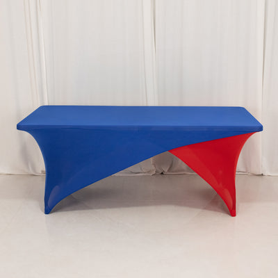 Blue and red modern table with unique curved design.
