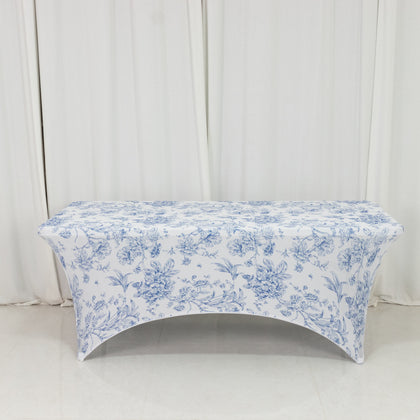 Spandex Fitted Rectangle Tablecloth 6ft – White & Blue French Toile Wrinkle-Free Stretch Table Cover