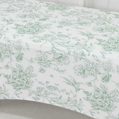 Floral patterned tablecloth in green and white design.