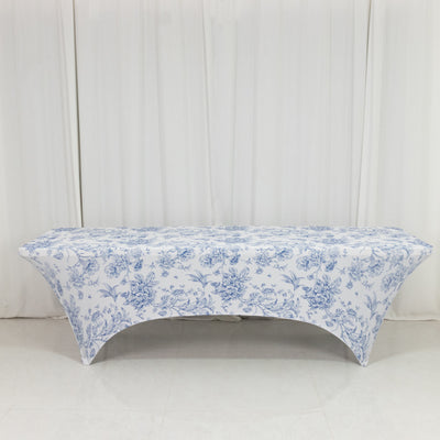 Floral print table cover on a plain backdrop
