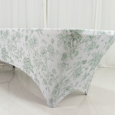 Floral table cover in green and white on a table