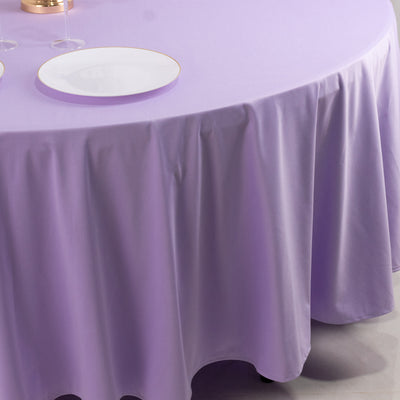 Lavender tablecloth draped elegantly over a round table.
