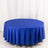 Blue round tablecloth with elegant draping on a white backdrop.