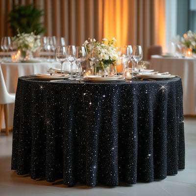 Elegant black tablecloth with sparkling details for upscale dining setting.