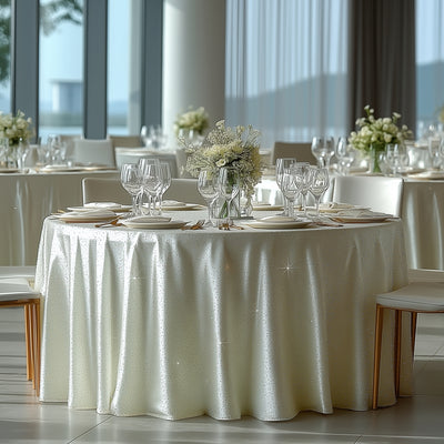Elegant round table set for a formal event with floral centerpiece and glassware.