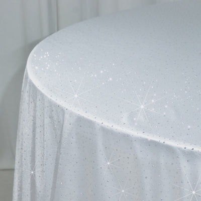 Sparkling white tablecloth with shimmering sequins and elegant drape.