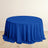 Round blue tablecloth on a wooden floor.