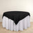 Round table with black and white tablecloth, elegantly draped.