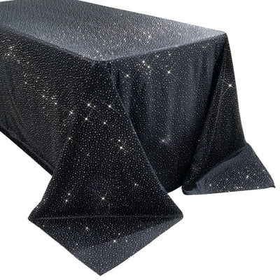 Black tablecloth with sparkling rhinestones, perfect for elegant events.