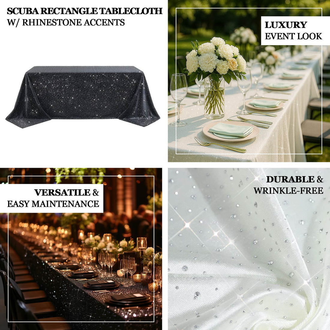 Scuba Tablecloth Rhinestones 90x132 In White | eFavormart