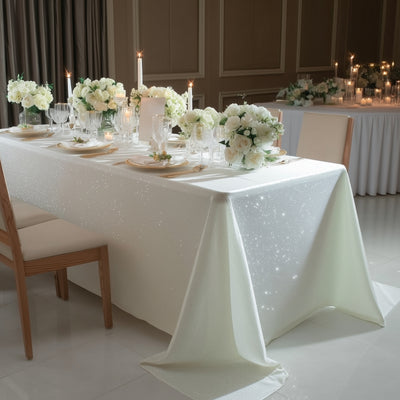 Elegant dining table set with sparkling white tablecloth and floral centerpieces.