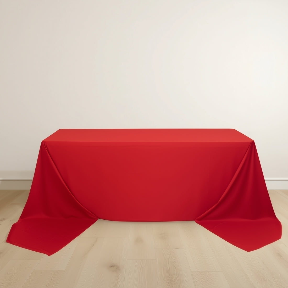 Red tablecloth draped on a table, creating a vibrant display.