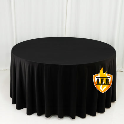 Fire Retardant 120" Round Scuba Polyester Tablecloth – Black, Wrinkle Free, Stain Resistant, Seamless Table Cover