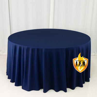 Navy round tablecloth with elegant drape and logo on a plain backdrop 