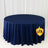 Navy round tablecloth with elegant drape and logo on a plain backdrop 