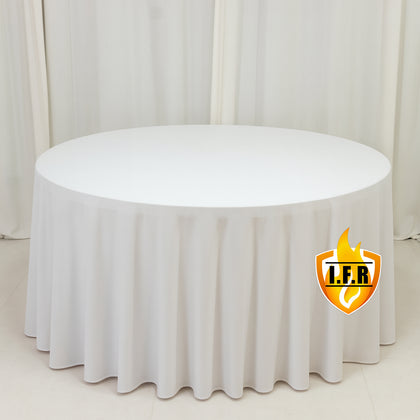 Fire Retardant 120" Round Scuba Polyester Tablecloth – White, Wrinkle Free, Stain Resistant, Seamless Table Cover