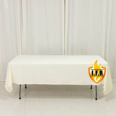 White tablecloth draped over a table with logo
