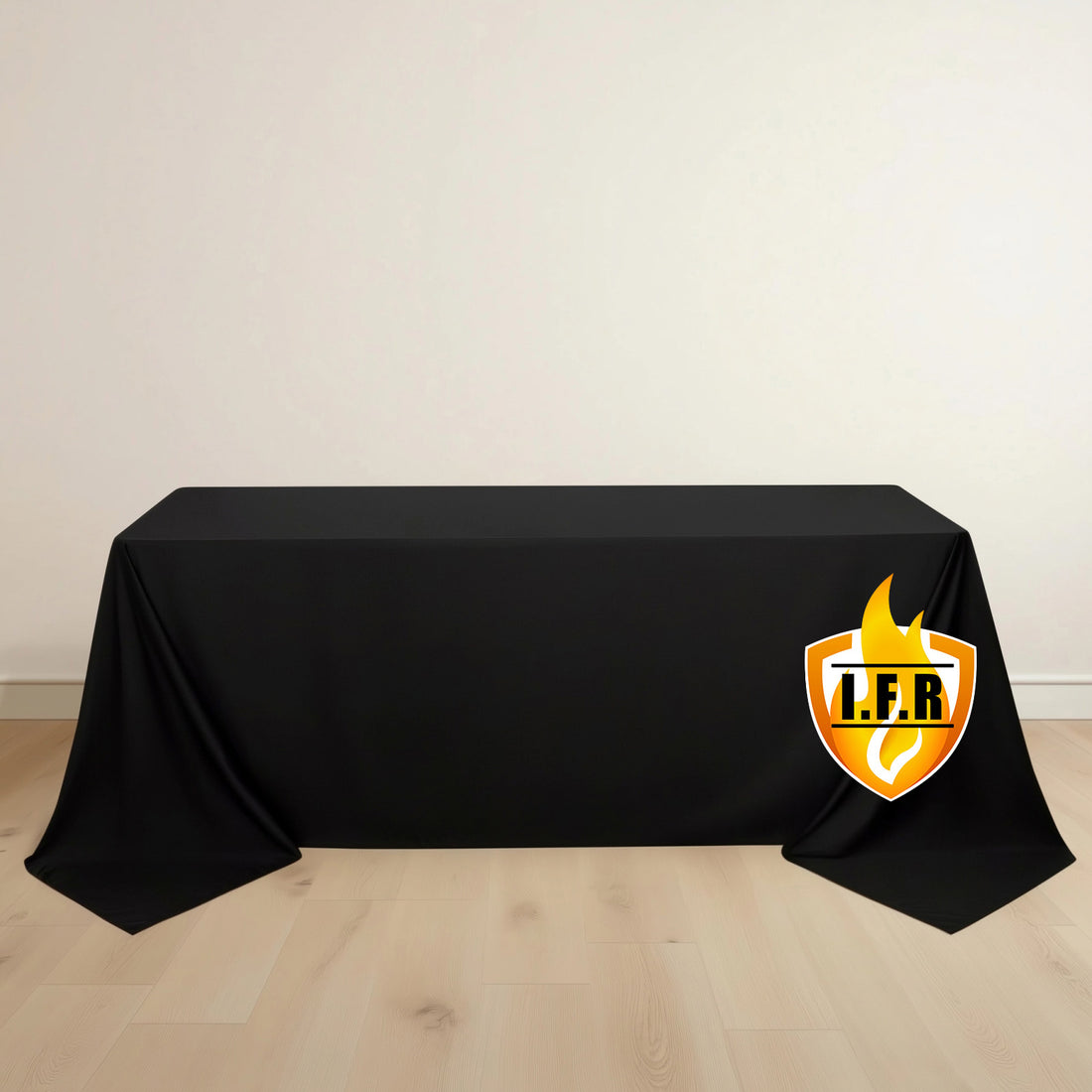 Black tablecloth with logo on plain background.