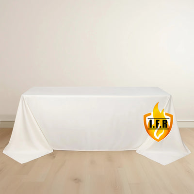 White tablecloth draped over a table with I.F.R. logo