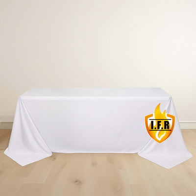 White tablecloth draped over a table with I.F.R. logo