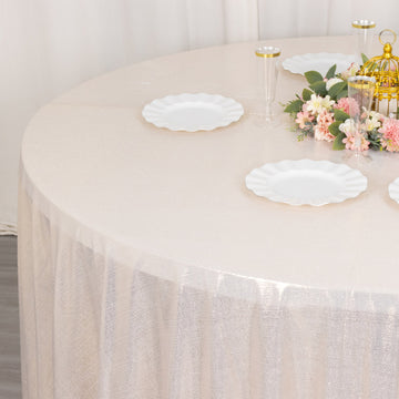 Elevate Your Event with the Beige Shimmer Sequin Dots Polyester Tablecloth