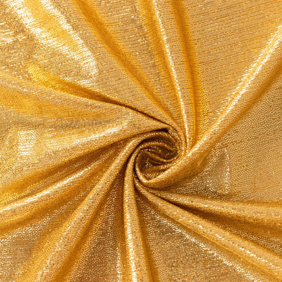 Shimmering gold fabric with a textured finish, showcasing a spiral pattern.