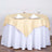 Elegant round table setting with yellow and white linens, glasses, and napkins.