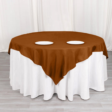 Upgrade Your Event Decor with the Cinnamon Brown Seamless Polyester Square Table Overlay