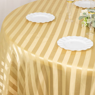 Elevate Your Event with the Champagne Satin Stripe Seamless Round Tablecloth 120