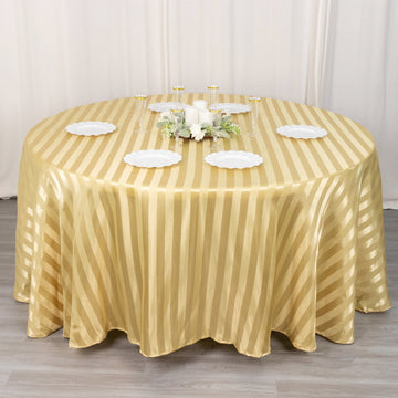 Experience Unmatched Luxury with the Champagne Satin Stripe Seamless Round Tablecloth 120