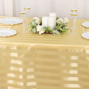 Elevate Your Event Decor with the Champagne Satin Stripe Seamless Rectangular Tablecloth 90"x132"