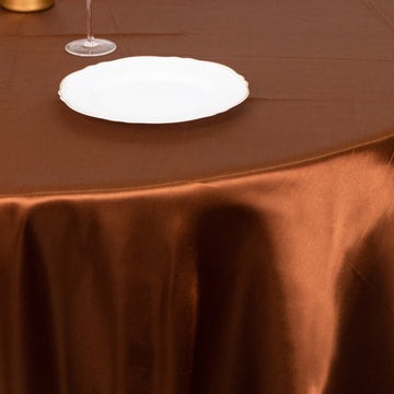 Elevate Your Event with the Cinnamon Brown Smooth Seamless Satin Round Tablecloth 120