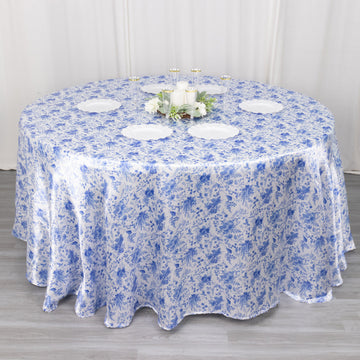 Experience the Timeless Beauty of the White Blue Chinoiserie Floral Print Seamless Satin Tablecloth