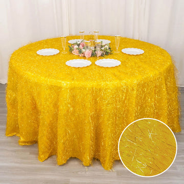 Indulge in Luxury with the Gold Metallic Fringe Shag Tinsel Round Polyester Tablecloth 120''