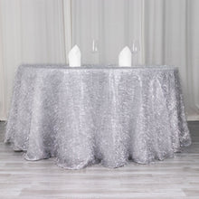 120inch Metallic Silver Premium Tinsel Shag Round Tablecloth, Shimmery Metallic Fringe