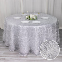 120inch Metallic Silver Premium Tinsel Shag Round Tablecloth, Shimmery Metallic Fringe