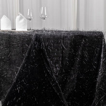 90x156inch Black Metallic Premium Tinsel Shag Rectangular Tablecloth, Shimmery Metallic Fringe