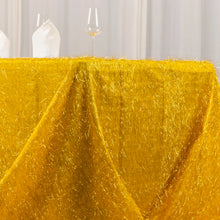 90x156inch Metallic Gold Premium Tinsel Shag Rectangular Tablecloth, Shimmery Metallic
