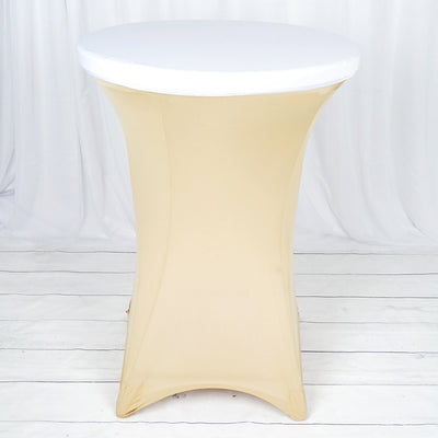 Round bar table with a white top and gold stretch cover