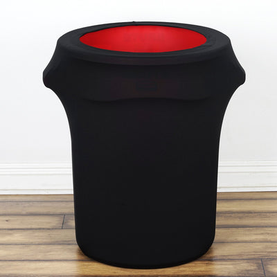 Black trash can with red interior, modern design for home or office use.