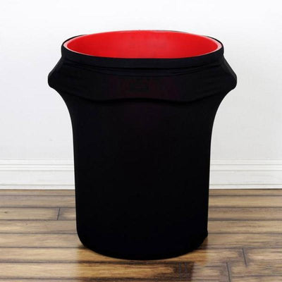 Black and red collapsible trash bin on a plain background