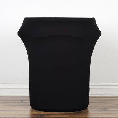 Black stretch table cover for round tables, designed for elegant events.